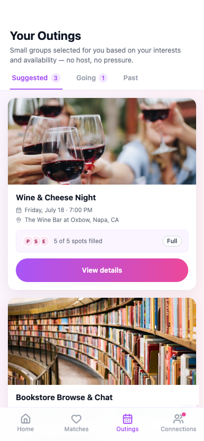 Outings screen showing a suggested wine and cheese night with spots filled